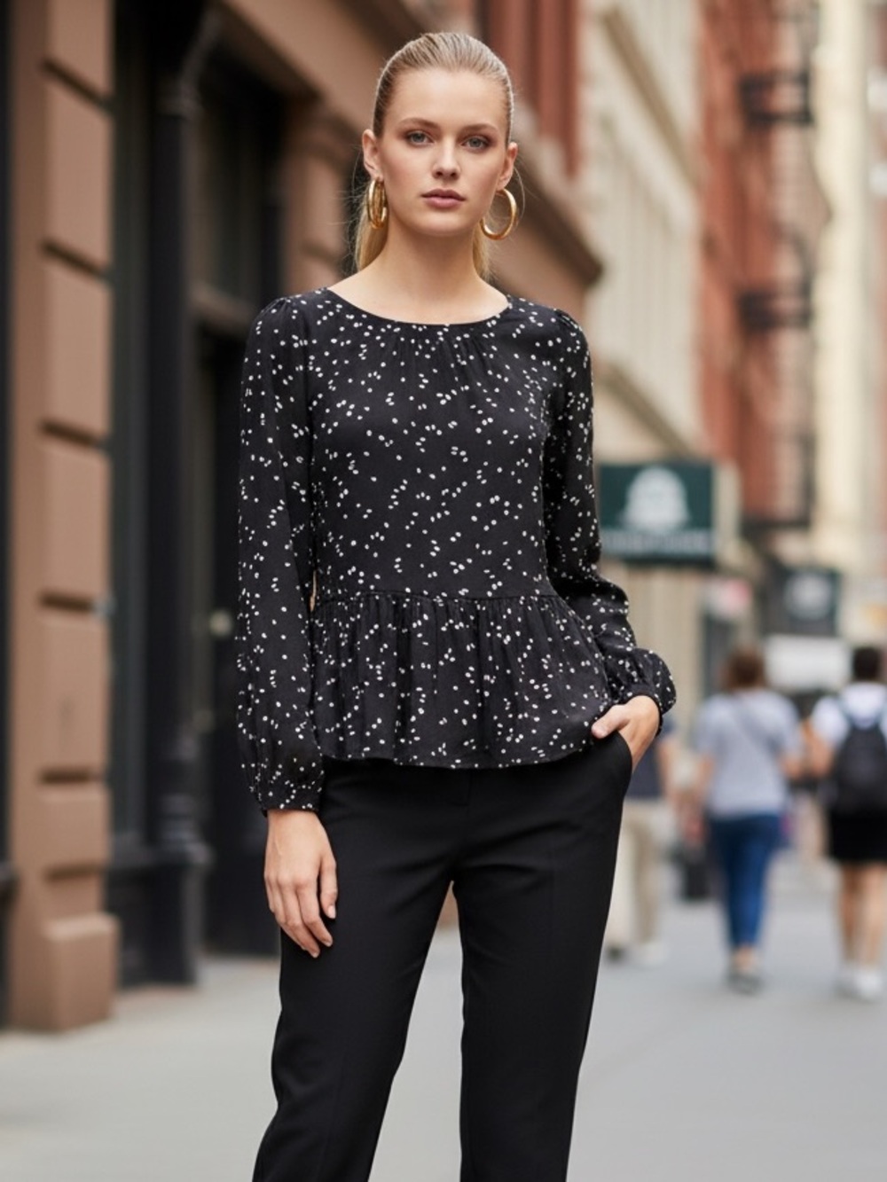 ANTHROPOLOGIE MAEVE CHEYENNE PEPLUM BABYDOLL RUFFLE BLOUSE MEDIUM BLACK & WHITE